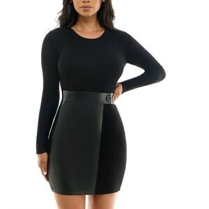 Juniors' Bodycon Faux-Leather Long-Sleeve Sweater Dress